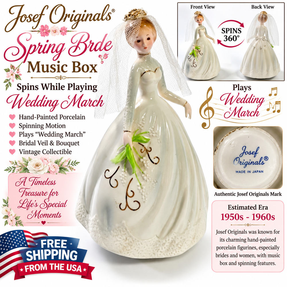 Josef Originals Spring Bride Music Box Motion Spins Wedding March Veil, Vintage
